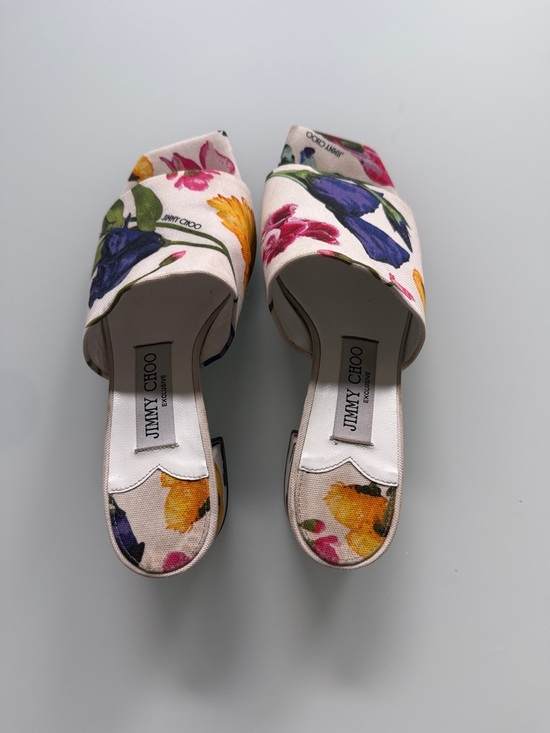 Jimmy Choo Shoes - Jimmy Choo Floral Canvas Open-Toe Mules - White with Pink, Purple, Yellow, Green